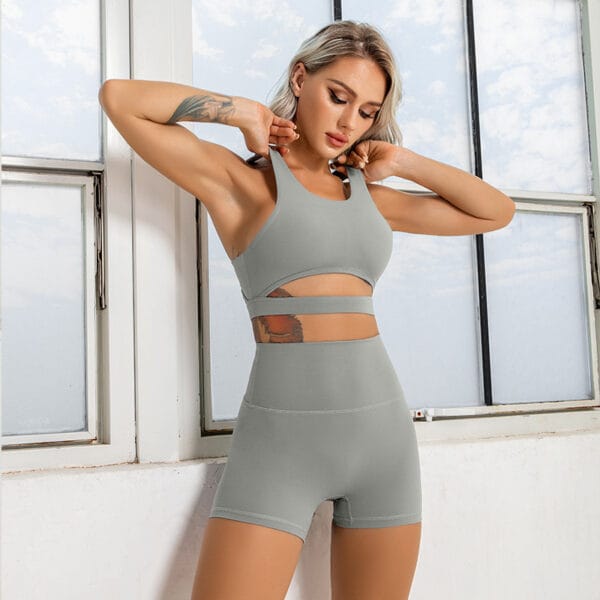 Recycled Fabric Hollow-Out Yoga Fitness Set | Nude Feel Two-Piece Activewear with Beauty Back Sports Bra & High-Waist Shorts - Image 2